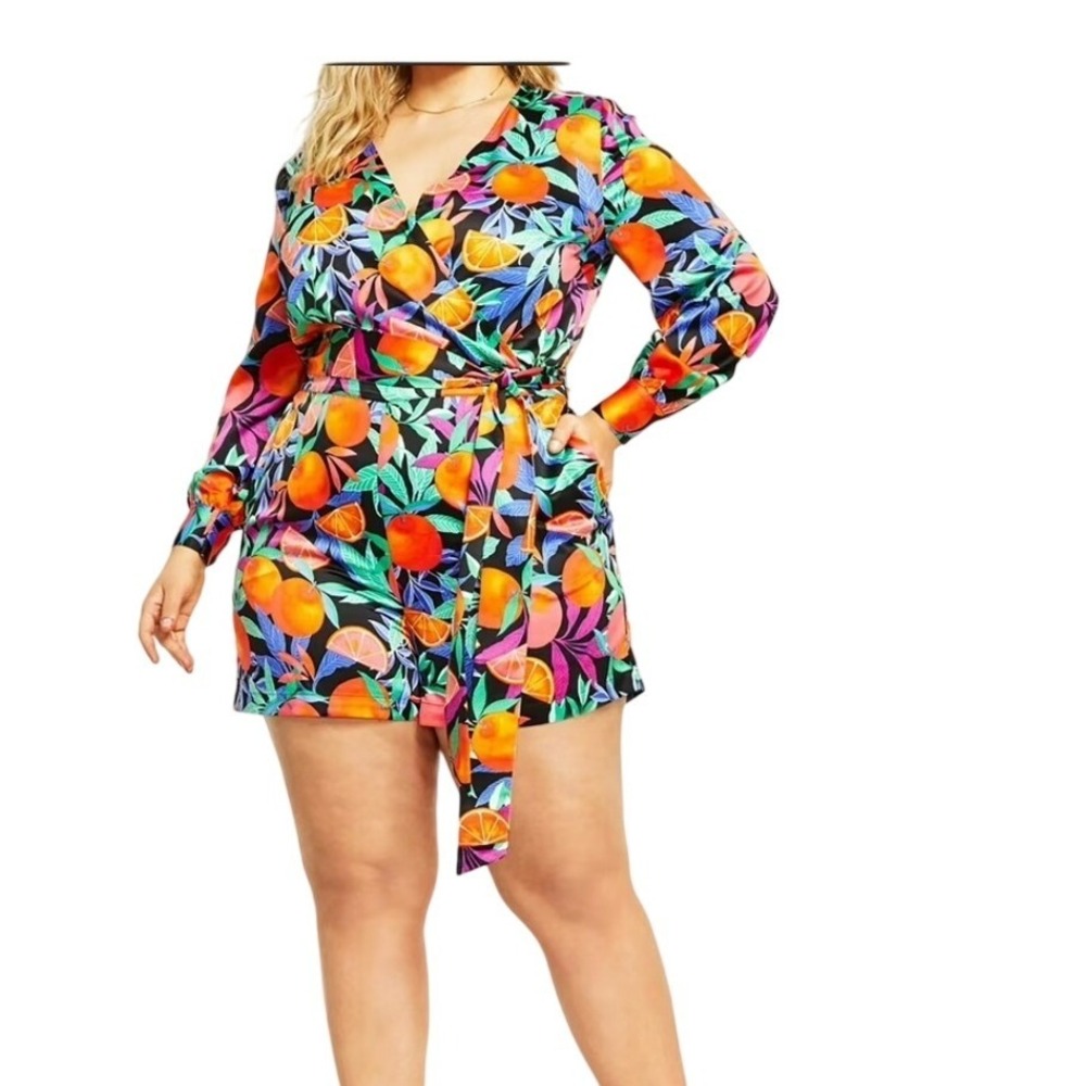 Nina Parker Womens 1X Orange Fruit Print Long Sleeve Wrap Romper Resortwear